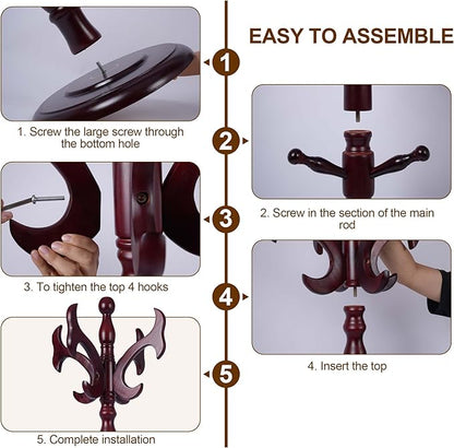 73”Vintage Wooden Coat Rack，With 14 Hooks and Sturdy Round Base.Sturdy and Durable Standing Coat Racks，Adjustable Wooden Freestanding Coat Rack for Porch，Bedrooms (Mahogany) (fishtail, 1 PCS)