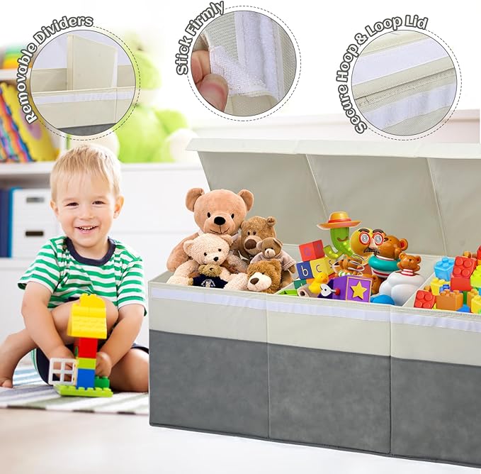Extra Large Toy Box with Lids, Collapsible Toy Storage Organizer with Divider for Kids, Sturdy Toy Chest for Bedroom, Nursery, Living Room, Playroom, 40"x14"x16", Gray & White