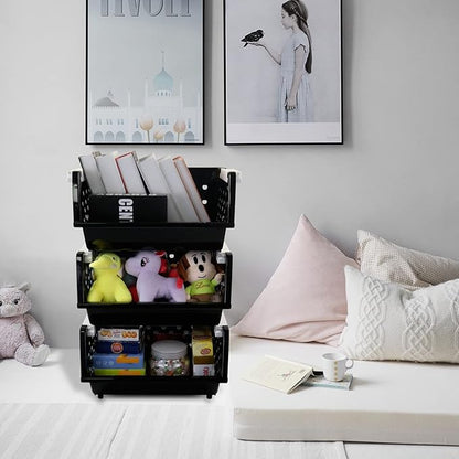 3-Pack Plastic Stackable Organizer Basket, Stacking Storage Basket, Black