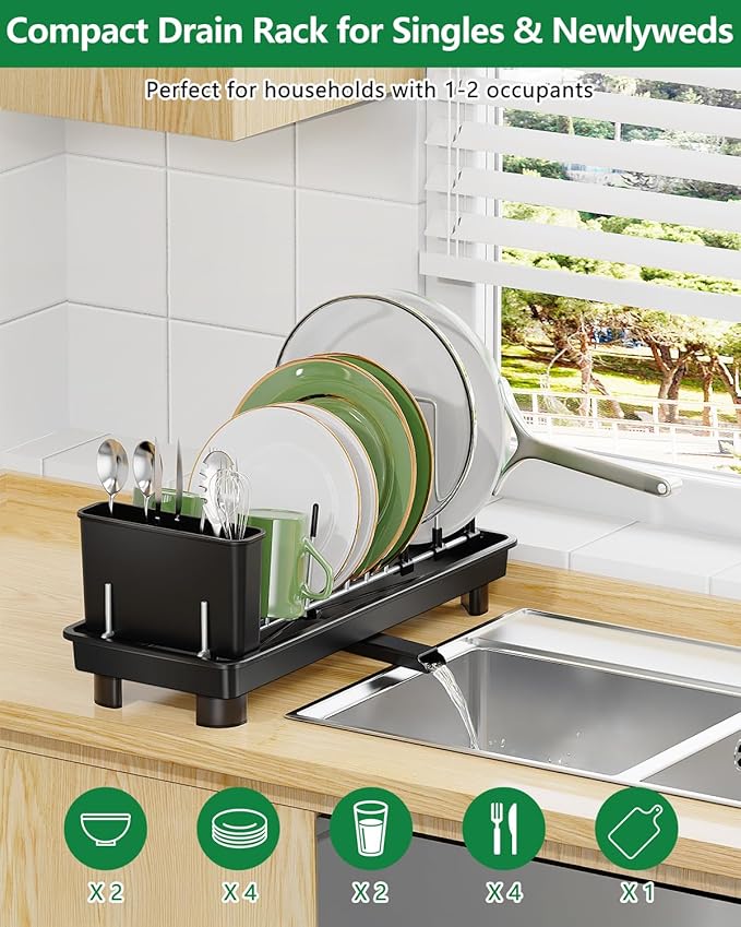 CosyPic Small Dish Drying Rack, Compact Dish Rack for Kitchen Counter, Space Saving Plate Rack, Dish Strainer with Cutlery Holder, Black