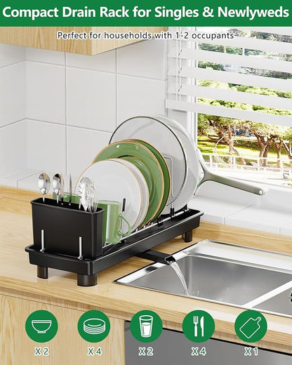 CosyPic Small Dish Drying Rack, Compact Dish Rack for Kitchen Counter, Space Saving Plate Rack, Dish Strainer with Cutlery Holder, Black