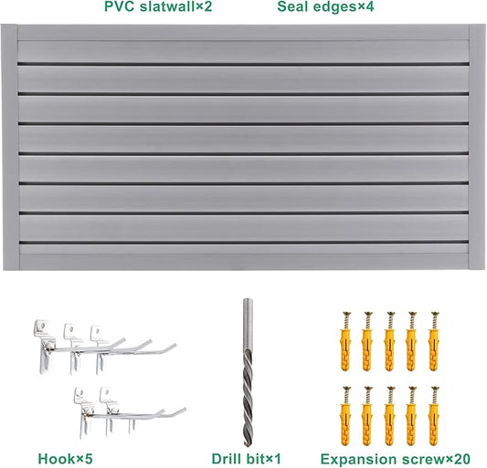 Slatwall Panel Garage Wall Organizer Storage Systems, Wall Mounted PVC Storage Rack with 5 Hooks, Interlocking Workshop Slat Wall Paneling Sheets Board Shelves Tools Organization-Grey(2’H x 4’W)