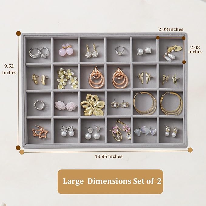 KATISYIO Large Velvet Jewelry Tray 2 Pack Stackable Jewelry Display Drawer Inserts Trays Organizer for Earring Bracelet Necklace Ring (Gray, 24 Grids)
