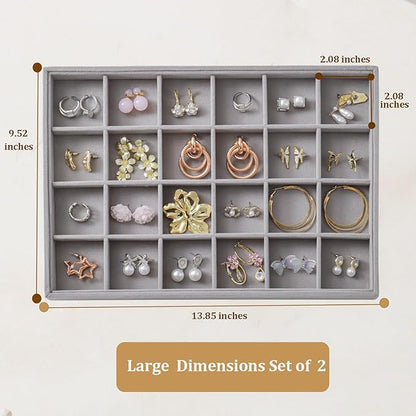 KATISYIO Large Velvet Jewelry Tray 2 Pack Stackable Jewelry Display Drawer Inserts Trays Organizer for Earring Bracelet Necklace Ring (Gray, 24 Grids)