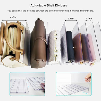 Purse Organizer for Closet, Clear Acrylic Shelf Dividers Adjustable Purse Storage Rack for Closet Handbag & Gift Bag Storage Organizer