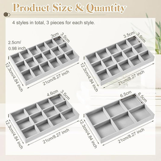 Junkin 12 Pcs Jewelry Tray Velvet Stackable Jewelry Organizer Trays Divided Earring Accessories Storage Containers Box (Rose Red)