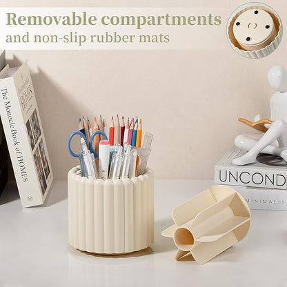 Anyoifax 360° Rotating Pen Holder 7 Slots Desk Organizer Removable Pencil Cup Plastic Art Supplies and Accessories Desktop Storage Box Caddy for Office, School, Home (Beige)