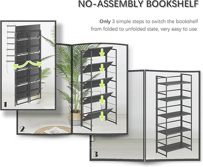 4NM No Assembly 5 Tiers Collapsible Book Shelves, 51.2" H Folding Bookshelf Bookcase Open Industrial Foldable Shelves for Bedroom, Living Room, Home Office - All Black