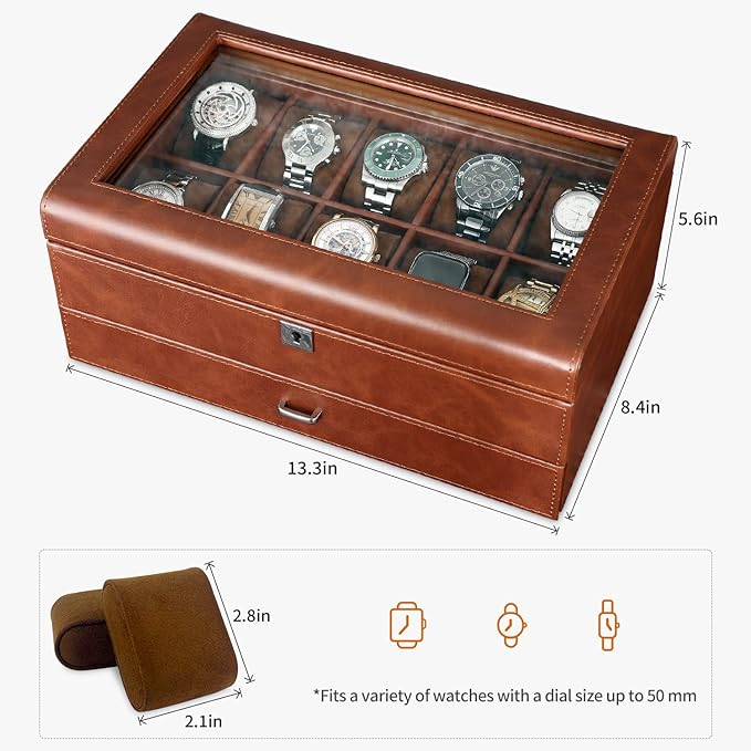 HELMDY Leather Watch Box with Drawer-10 Slots Locking Jewelry Watches Holder for Men-Luxury Watch Case Display Organizer-2 Tier Organizer Watch Showcase-Storage Case
