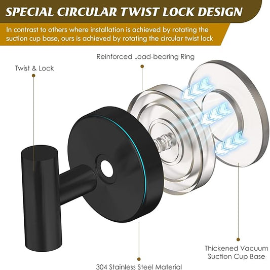 MOTAIPEAK Suction Cup Hooks for Shower,Heavy Duty Shower Towel Suction Hooks,No Drill Wall Mounted Towel Hooks for Bathrooms Wall,Kitchen,Glass,Mirror,Tile to Hang Towels,Robes,Coat-Black(4 Pack)