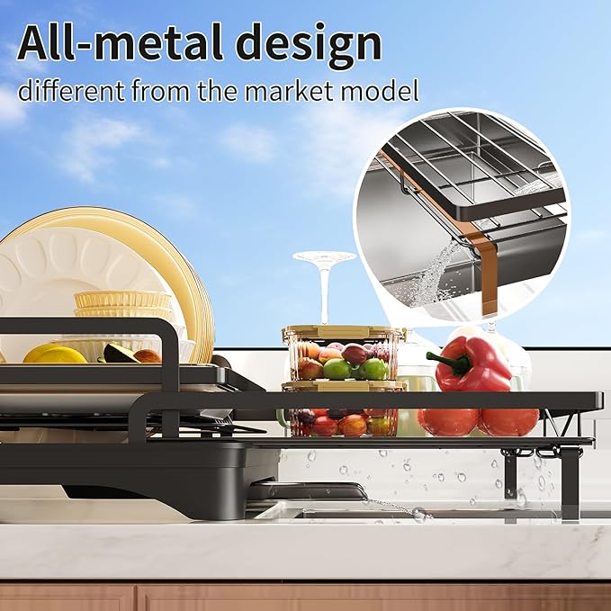 PureBox extendable Dish Drying Rack for Kitchen Counter,escurridor de platos,Metal Dish Strainer with Utensil Holder and Drainer (Black)