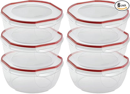 Sterilite Ultra-Seal 8.1 Qt Bowl, Large Airtight Food Storage Container, Latching Lid, Microwave and Dishwasher Safe, Clear With Red Gasket, 6-Pack
