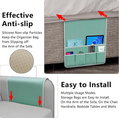 Remote Control Holder for Armchair Caddy, Couch TV Remote Holder for Bed Storage 5 Pockets，Remote Caddy Bedside Organizer Bedside Table Organizer (MintGreen, 35''x18'')