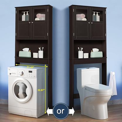 Bonnlo Over The Toilet Storage Cabinet Bathroom Behind Toilet Shelf Towel Storage Freestanding Organizer Space Saver with Double Door Glass Window Cabinet Tower with Adjustable Shelf (Brown)