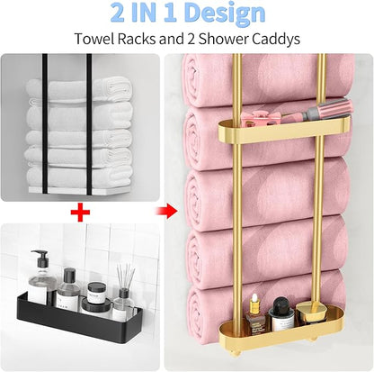 Towel Racks for Bathroom with Shower Caddy with Metal Shelf, 36.4 Inch Bathroom Towel Storage Wall Mounted, Gold
