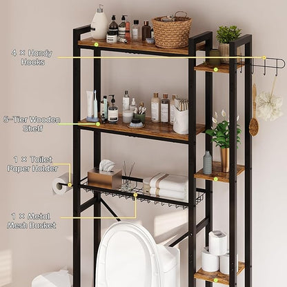 Insdiy Over The Toilet Storage with Side Shelf, 7 Tier Bathroom Organizer Rack with Paper Holder, Hooks and Basket, Freestanding Above Toilet Shelf for Laundry, Quick Interlock Install (Vintage Brown)
