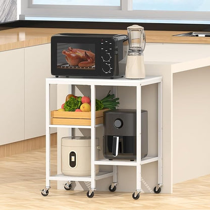 Kitchen Microwave Cart with Wheels,Coffee Bar Table Station,4-Tier Rolling Baker's Oven Rack,Small Appliance Storage Shelf,Utility Trolley Side Table for Kitchen,Office, Living Room (Snowy White)