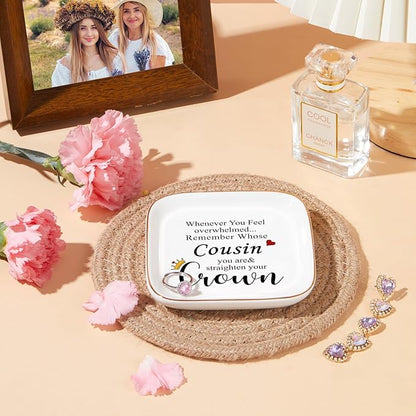 PUDDING CABIN Birthday Cousin Gifts for Women Jewelry Dish Trinket Tray – Remember Whose Cousin You Are Straighten Your Crown – Birthday Gifts for Cousin Valentines Graduation Mothers Day Christmas