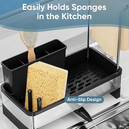 VUSIGN Sponge Holder for Kitchen Sink, Sink Caddy Organizer with Brush Holder, Rustproof Stainless, Self-Draining Sink Organizer for Countertop, Sponges, Brushes, Kitchen Decor and Accessories, Black
