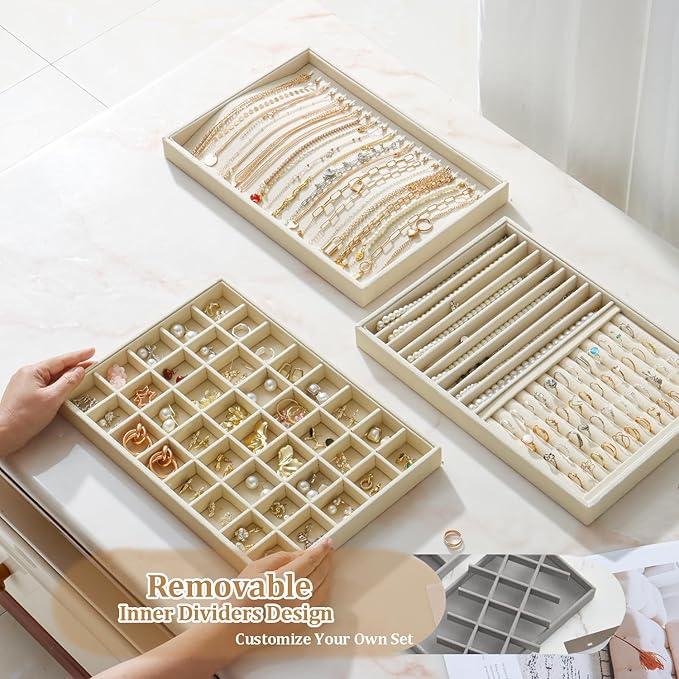 KATISYIO Large Velvet Jewelry Tray 2 Pack Stackable Jewelry Display Drawer Inserts Trays Organizer for Earring Bracelet Necklace Ring (Beige, 40 Grids)