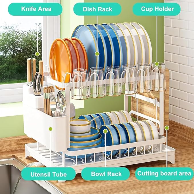 2-Tier Dish Drying Rack for Kitchen Counter - Space-Saving Dish Drainer with Extendable Drainboard, Removable Cutlery Holder, Cup & Knife Slots, Multifunctional Plate & Bowl Organizer (White)