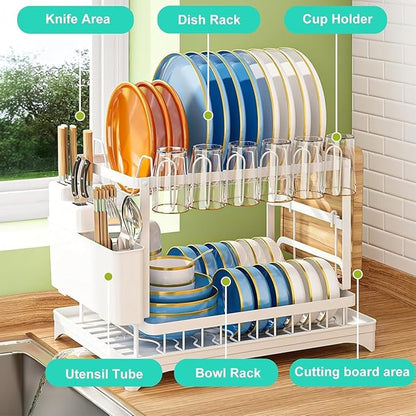 2-Tier Dish Drying Rack for Kitchen Counter - Space-Saving Dish Drainer with Extendable Drainboard, Removable Cutlery Holder, Cup & Knife Slots, Multifunctional Plate & Bowl Organizer (White)