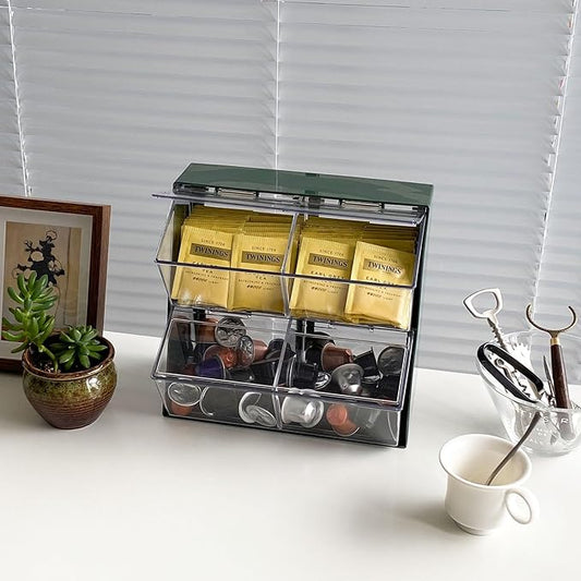 Large Green Coffee Pod Holder with Lid, Plastic Coffee Bar Accessories Storage Organizer for Creamer, K Cups, Tea Bags, Sugar Bag, Drinking Straw, Home Kitchen Supplies(Green)