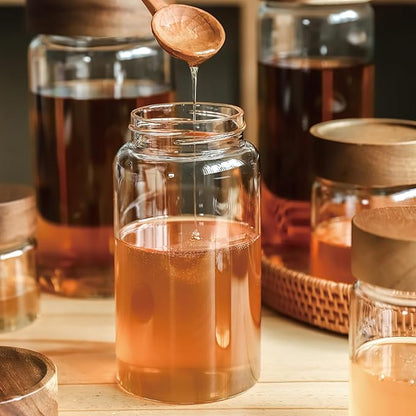 3 Pack 17 fl oz/500ml Clear Glass Storage Canister with Airtight Wooden Screw On Lid, Small Cute Decorative Glass Container Jar Set for Coffee, Candy, Cookie, Condiment, Pepper, Sugar, Oatmeal