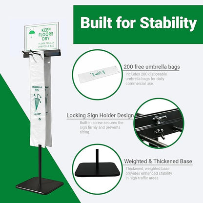 Umbrella Holder Stand For Entryway With Free 200 Disposable Large Plastic Umbrella Bags Wet Umbrella Bags Locking & Interchangeable Display Stand For Printed Cards/Sheets, Floor Protection