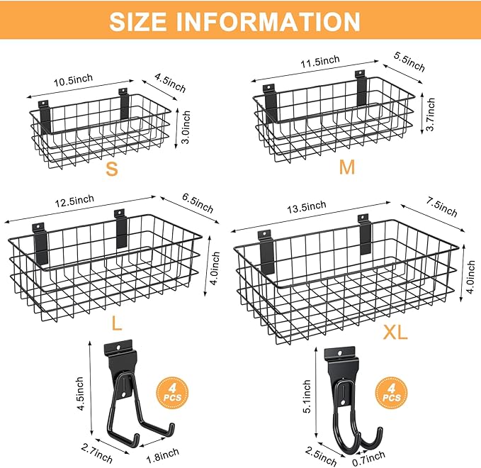 12Pack Slatwall Organizer Kit with 4PCs Slatwall Baskets (10.5 to 13.5 inches), and 8PCs Slat Wall Hooks Heavy Duty, Slatwall Accessory for Garage, Retail Display and Home Storage