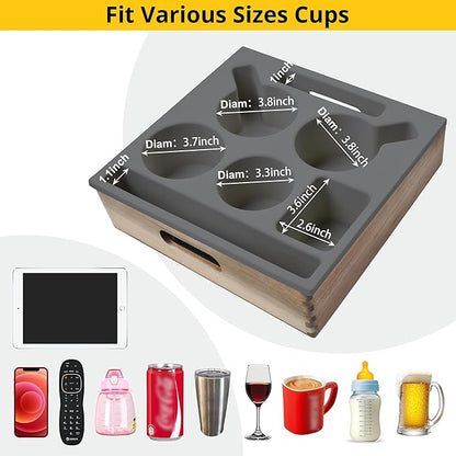 KindGa Couch Cup Holder, Waterproof Anti-Spill Couch Drink Holder for Snacks Beverage Remote, Food Grade Silicone Wooden Couch Caddy for Bed Car Seat Beach Tray (Gray)
