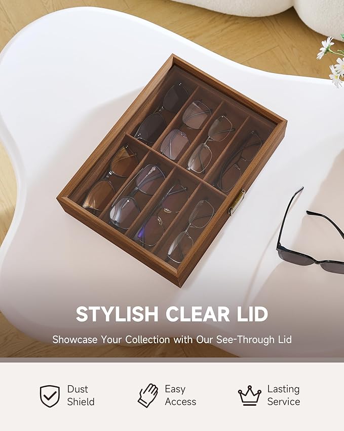 CO-Z Sunglasses Organizer with 8 Slots, Wood Eyeglasses Storage Box for Women Men, Lockable Display Case for Multiple Glasses, Glasses Holder for Watches Jewelry Collection, Walnut