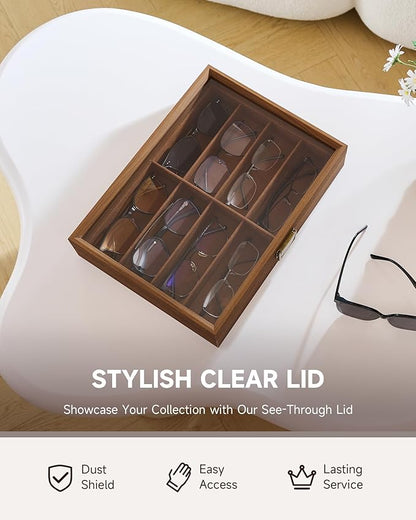 CO-Z Sunglasses Organizer with 8 Slots, Wood Eyeglasses Storage Box for Women Men, Lockable Display Case for Multiple Glasses, Glasses Holder for Watches Jewelry Collection, Walnut
