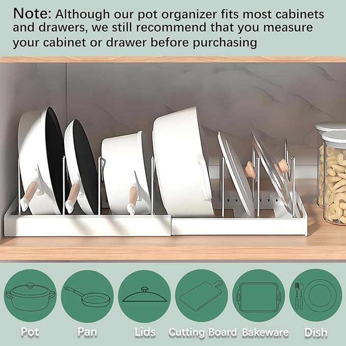 KXSGKRR 2 Pcs Pot and Pan Organizer, Expandable Pots and Pans Organizer Under Cabinet, Pot Lid Holder with 10 Adjustable Compartment for Bakeware, Cutting Boards, Lid, Dishes, Cookware (2 Pcs)