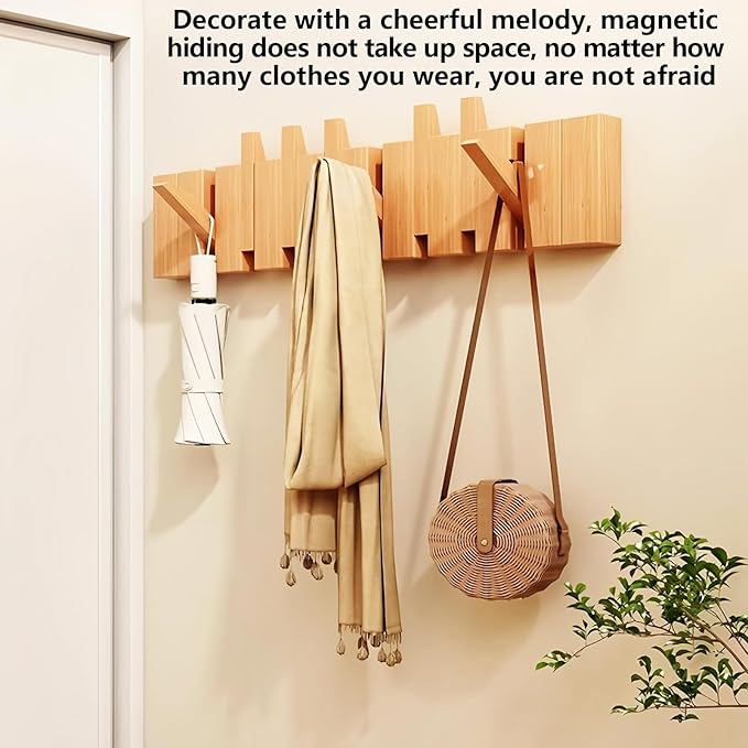 Wall Mounted Coat RackHooks Piano Key Hangers Natural Solid Wood Hanger Non-Woven Fabric Clothes Hangers for Closet, Kitchen, Bedroom, Bathroom, Entryway (Beech, 10 Hooks)