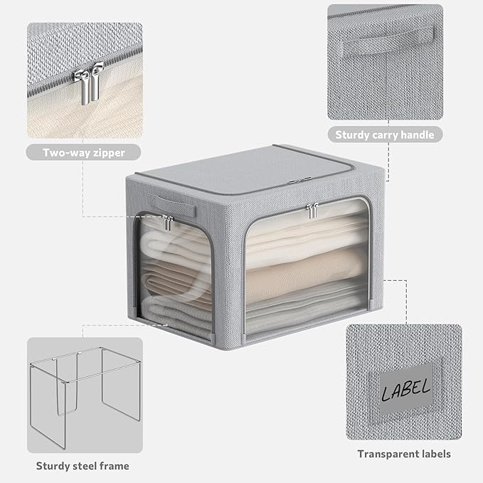 CYhom 3Pack Classic Stackable Foldable Storage Bin - Metal Frame Storage Box with Clear Window, Carry Handles (66L-19.7x15.7x13in, Light Grey)