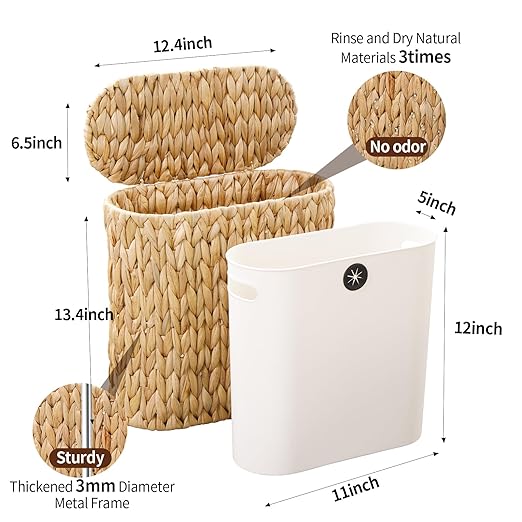 3 Gallon Wicker Trash Can with Lid and Liner,Small Bathroom Trash Cans,Woven Rattan Narrow Waste Basket for Bedroom,Home Office,Natural Water Hyacinth