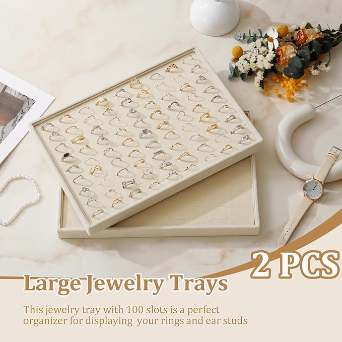 KATISYIO Large Velvet Jewelry Tray 2 Pack Stackable Jewelry Display Drawer Inserts Trays Organizer for Earring Bracelet Necklace Ring (Beige, Ring 81 Slots)