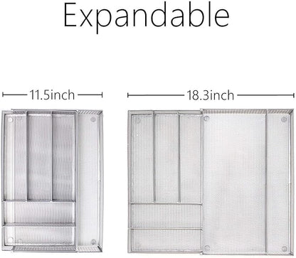 JANE EYRE Utensil Drawer Organizer - Expandable Cutlery Tray, Silverware/Flatware Storage Divider for Kitchen, Mesh Designing with Non-slip Rubber Feet (Silver)