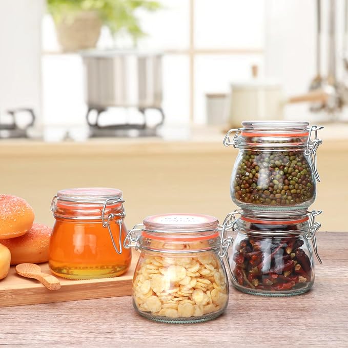 Flrolove 5oz 6pack Glass Jars with Airtight Lid, Glass Food Storage Containers with Lids, Mason Jars, Wire Clip Fastening for Cereal, Flour, Cookie, Spice, Honey, Kitchen Canning