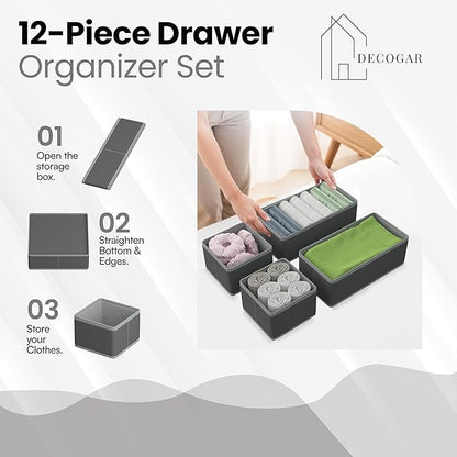 Drawer Organizer – 12 Pack Foldable Gray Fabric Storage Bins for Baby Clothes, Closet, Dresser, Nursery, Underwear, Diapers, Socks | Soft Drawer Dividers for Bedroom & Home Storage