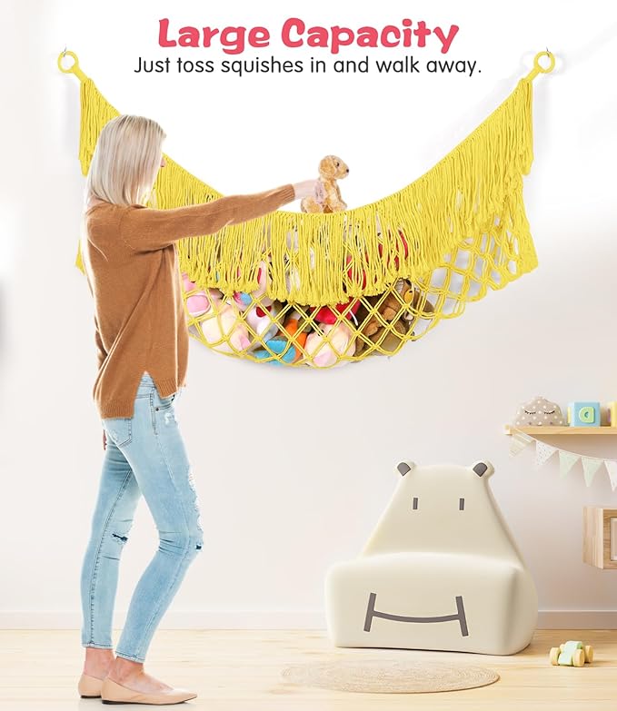 Stuffed Animal Hammock - Extra Large 63'' Long, Stuffed Animal Storage, stuffed animal Holder net, Hammock Large, Storage Hanging Organizer - Lemon yellow