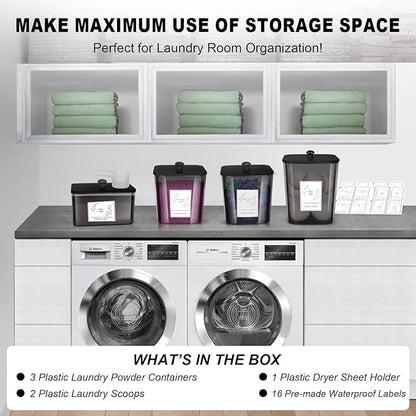 4 Pack Laundry Detergent Containers & Dryer Sheet Holder with Black Lids, Scoops & Labels - Plastic Laundry Organizer and Storage Jars for Pods, Detergent, Scent Booster