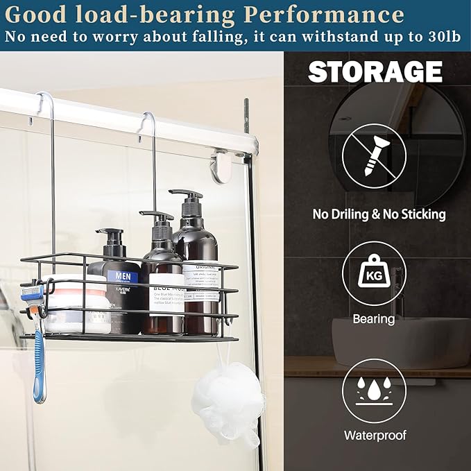Seltomer Shower Caddy Hanging Shower Orangizer Stainless Steel Shower Rack with Hooks Over The Door, Shampoo Basket Storage (Black)
