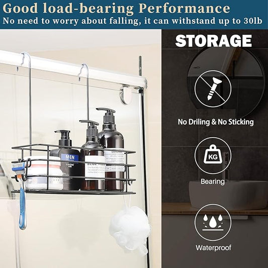 Seltomer Shower Caddy Hanging Shower Orangizer Stainless Steel Shower Rack with Hooks Over The Door, Shampoo Basket Storage (Black)
