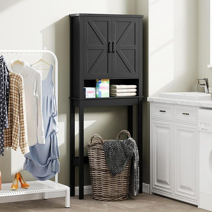 Halitaa Over The Toilet Storage Cabinet, Farmhouse Over Toilet Bathroom Organizer with 2 Barn Doors, Narrow Above Toilet Storage Cabinet, Behind Toilet Bathroom Organizer, Black