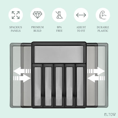 ELTOW Large Expandable Silverware Drawer Organizer, 8 Compartment Non-Slip & Adjustable Silverware Organizer for Drawer, Kitchen Organization for Utensils, Cutlery, Silverware Tray (Black)