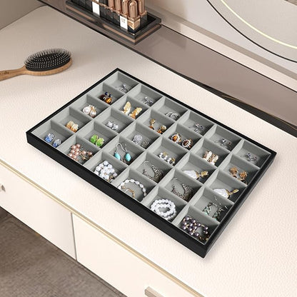 Wudygirl Jewelry Organizer 30 Grid Jewelry Tray with Lid Earring Holder Organizer for Women Ring Earring Bracelet Holder Storage (Pu Black Gray)