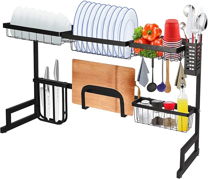 LUCKYERMORE Over The Sink Dish Drying Rack, 2 Tier Dish Drying Rack,Dish Drainer Rack for Kitchen Counter Organization and Storage,Space-Saving Dish Rack,33.4" x 12.5" x 20.4", Black