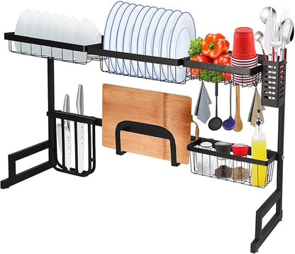 LUCKYERMORE Over The Sink Dish Drying Rack, 2 Tier Dish Drying Rack,Dish Drainer Rack for Kitchen Counter Organization and Storage,Space-Saving Dish Rack,33.4" x 12.5" x 20.4", Black
